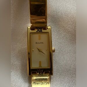 Bulova Gold Rectangular Watch with White Dial
